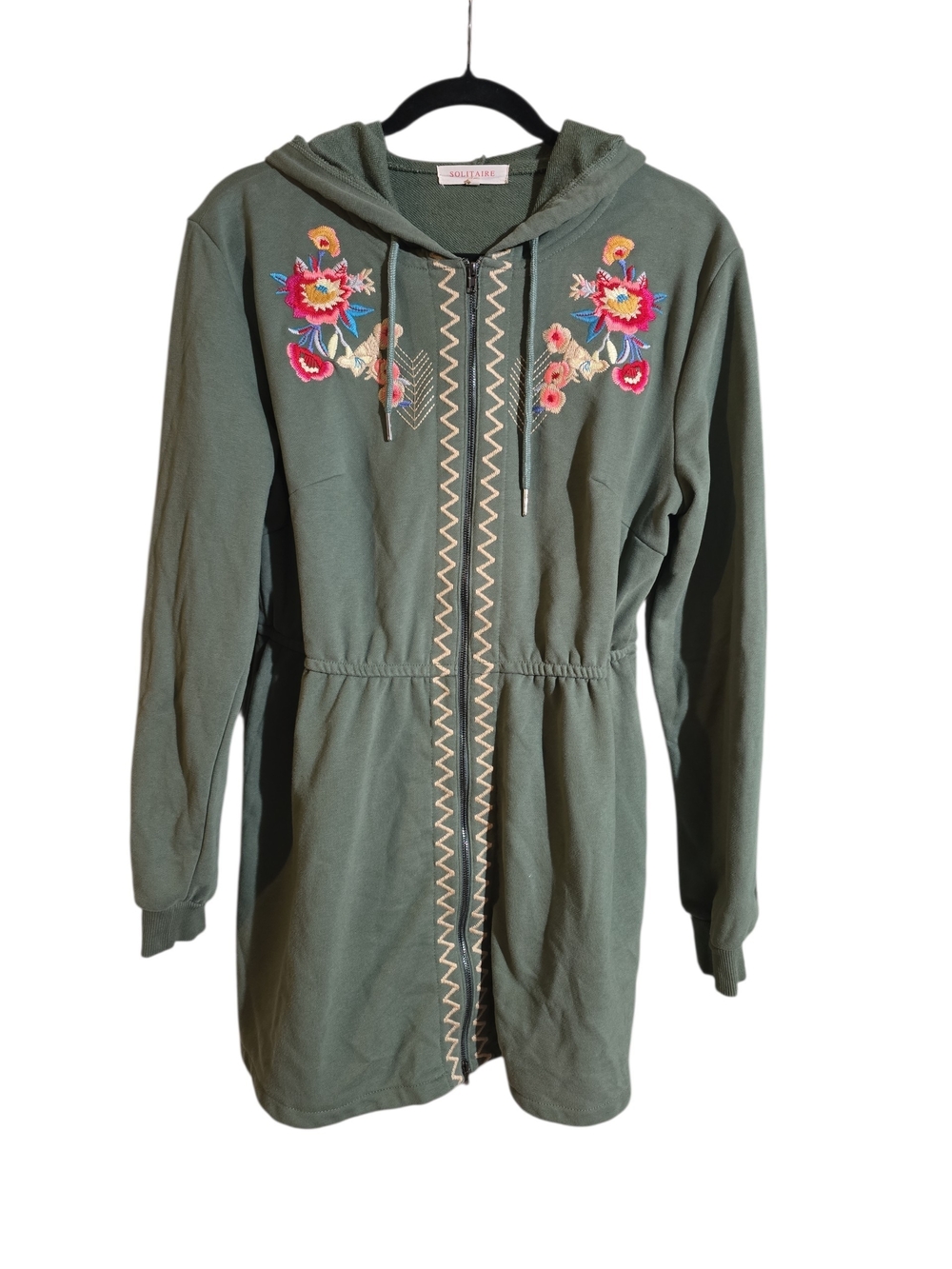 #12. Solitaire Embroidered Full-zip Hooded Tunic Jacket In Olive Green